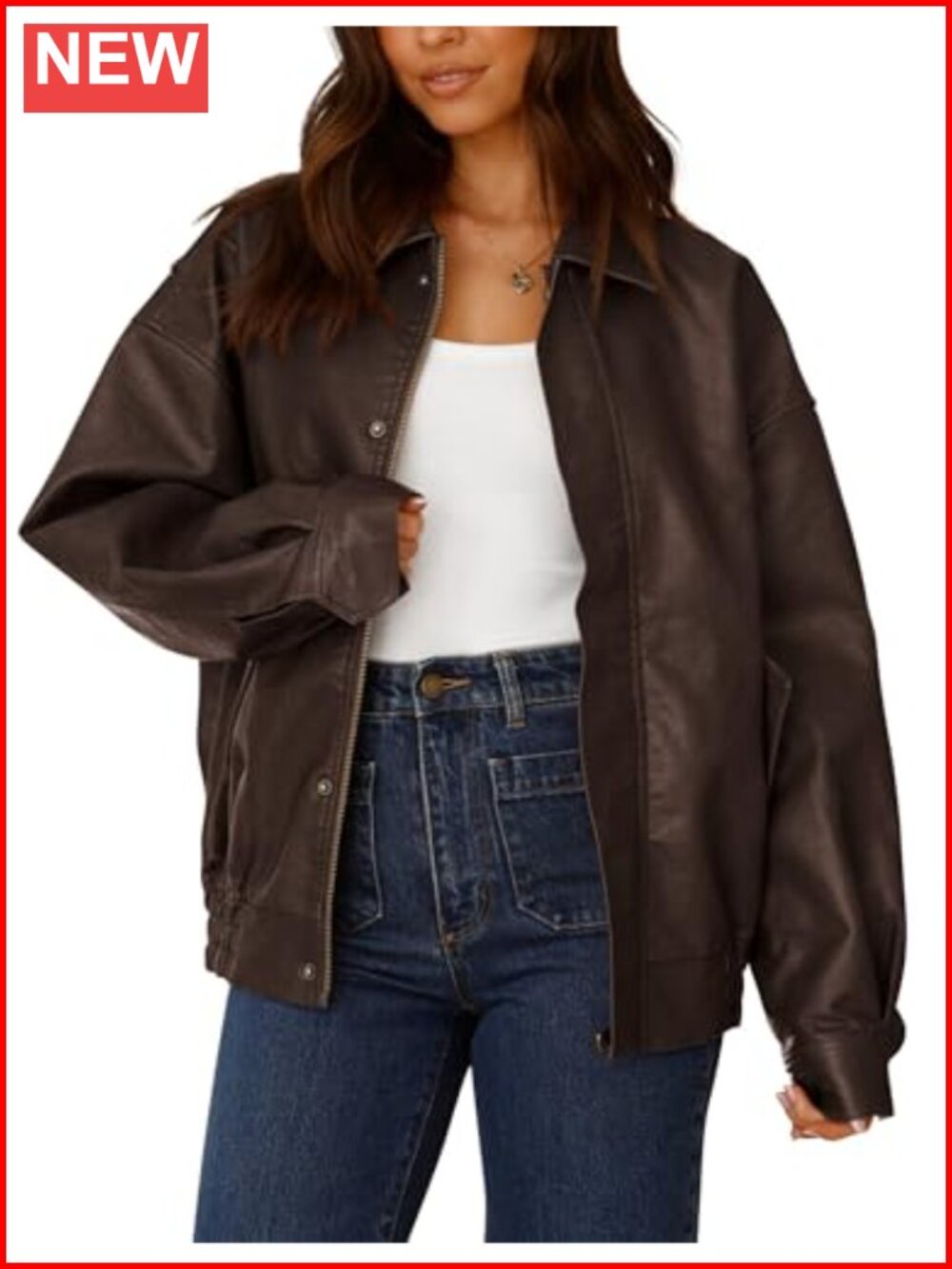Faux Leather Motorcycle Jacket Women Long Sleeve Zip Up Loose Fit
